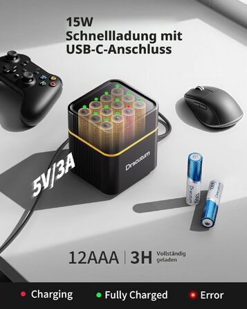 Набір акумуляторів AAA Li-ion 1.5V (12 шт) з зарядним пристроєм, 1300mWh, висока ємність, 2000 циклів зарядки та кейсом для зберігання