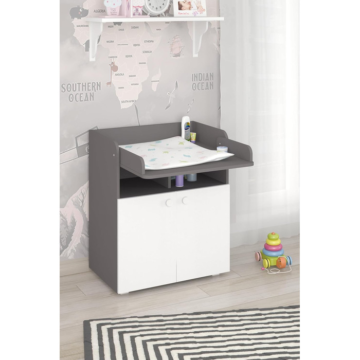 Комод для дитячої кімнати Shefa Wickelkommode 700 Teddy, білий - сучасний комод для немовлят, 47 x 70 x 86 см, білий/сірий