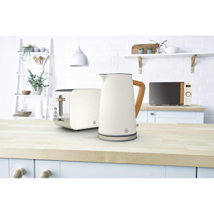 Електричний чайник Swan Nordic Set з тостером, 1.7 л, 2200 Вт, білий з дерев'яним декором