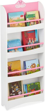 Дитяча книжкова полиця Relaxdays, 124x50,5x15 см, 4 секції, МДФ, біло-рожева, з малюнком лебедя