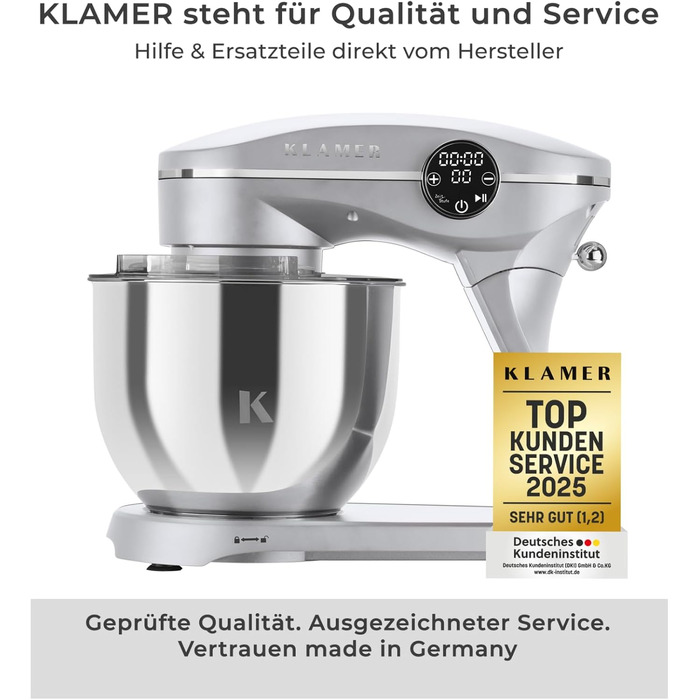 Кухонний комбайн KLAMER 1800W — планетарний міксер для тіста з чашею з нержавіючої сталі 6л, 10 швидкостей, таймером та набором насадок (гак, вінчик, міксер), сріблястий