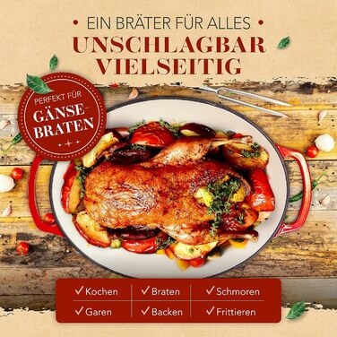 Каструля-гусятниця KRUSTENZAUBER 37,5 см з кришкою, чавунна, 10 л, для духовки та індукції, овальна, з м'ясною виделкою