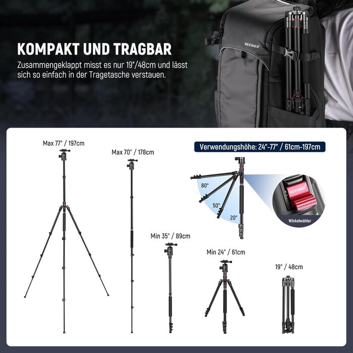 NEEWER штатив для камери 195,6 см з моноподом, тримачем для телефону, пультом, 360° кульовою головкою, алюмінієвий, для DSLR, до 15,4 кг, TP77