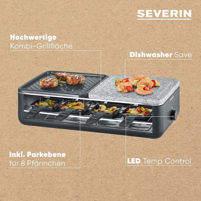 Раклет-гриль SEVERIN RG 2365 Black Line Lite на 8 осіб з антипригарною гриль-платкою та глибокими піддонами, посудомийний