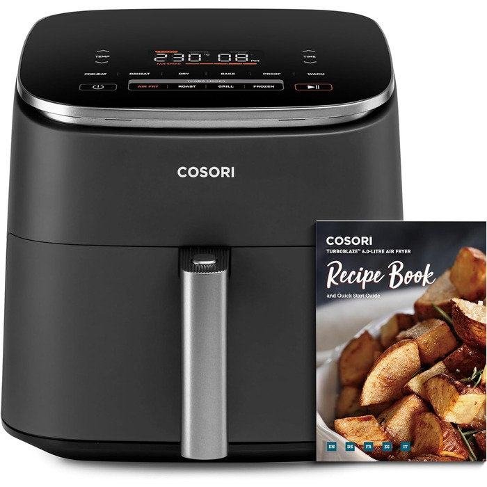 Аерофритюрниця COSORI Turbo Blaze XXL 6 л, 5 швидкостей, 9 програм, 30–230°C, енергоощадна, компактна, чорна