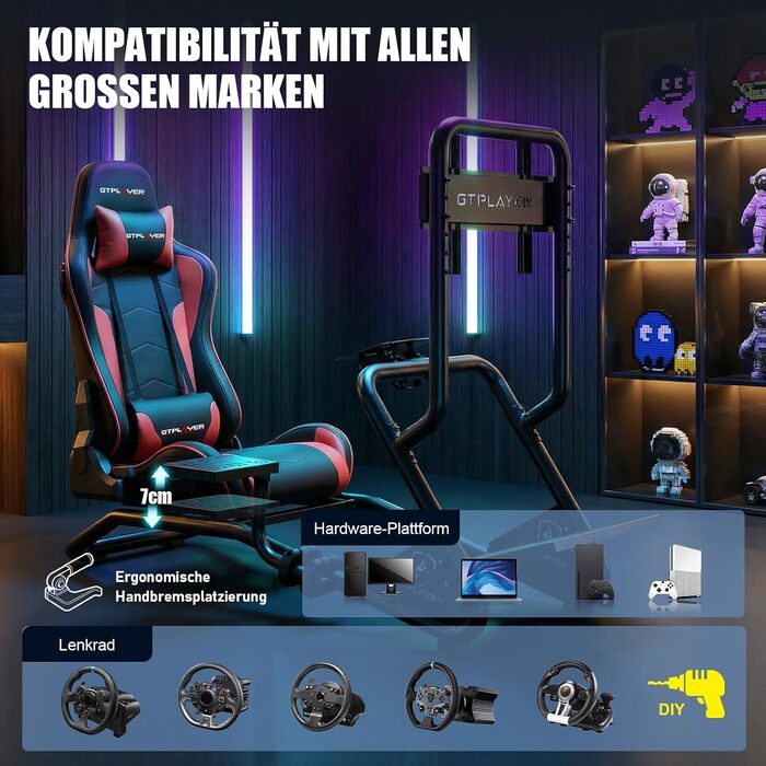 Ігровий симулятор GTPLAYER Cockpit для керма з 3D-стереодинаміками, тримачем для монітора, педалей та важеля КПП, регульований (Червоний)