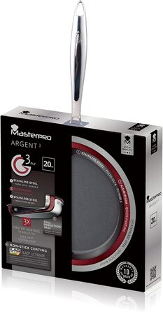 Сковорода MasterPRO Argent-3 20 см, антипригарна, індукційна, з нержавіючої сталі 18/10, багатошарова, рівномірний нагрів, енергоощадна, для всіх плит
