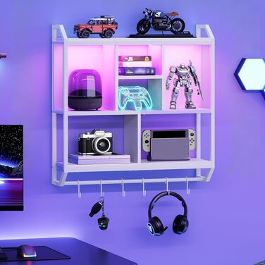 HOOBRO Настінна полиця з LED підсвіткою, плаваюча полиця-органайзер з 4 рівнями, 6 гачками для ігор, кухні, кафе - біла