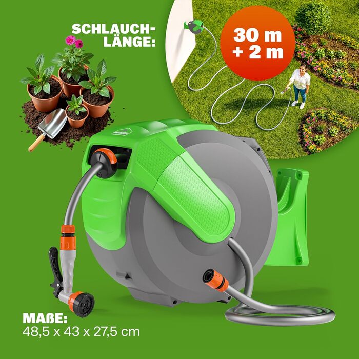 Шланговий барабан Gardebruk® 30м з тримачем для стіни, 2м шланг, багатофункціональна ручна лійка для душу, система автоматичного змотування, водяна коробка для саду 1/2'