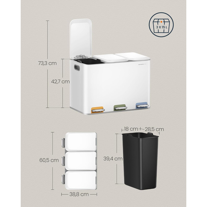 Сортувальний смітник для кухні SONGMICS HOME, 3×15 л, сталевий, з кришками, внутрішніми відрами та педалями, для роздільного збору сміття, білий