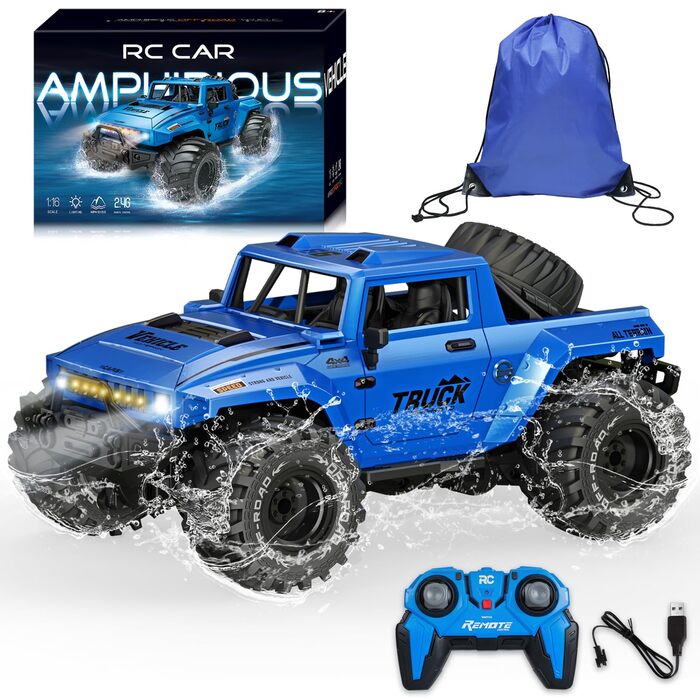 Амфібійний радіокерований позашляховик 1:16, водонепроникний Monster Truck з рюкзаком, світлодіодами та поворотом на 360°