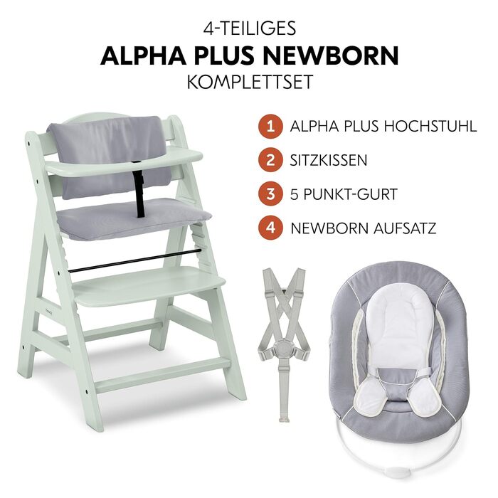 Дитячий високий стільчик Hauck Alpha+ Newborn Set з 2in1 гойдалкою - Зростаючий дерев'яний стільчик для годування з народження, з подушкою та гойдалкою для новонароджених - М'ятний Classic Mint