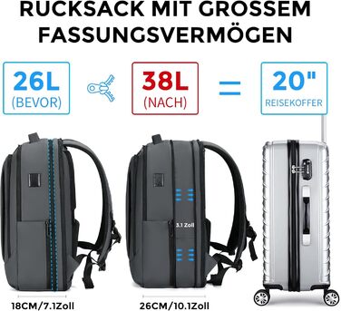 Розширюваний бізнес-рюкзак FENRUIEN 26-38 л для ноутбука 15,6'' з USB-портом, для чоловіків і жінок, темно-сірий