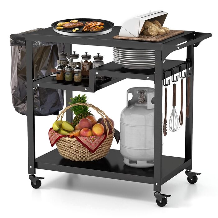 COSTWAY Grillwagen: гриль-візок з 4 полицями, гачками та колесами для вулиці (85 x 50,5 x 93 см)