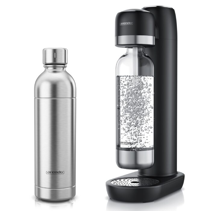 Сифон для газування води Arendo Soda Maker: набір з пляшкою 1000 мл (BPA-free) та сталевою пляшкою 1000 мл, сумісність з 60 л CO2 циліндрами, чорний