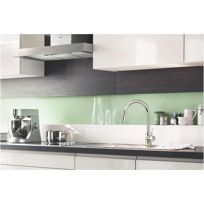 Змішувач кухонний GROHE Eurosmart Cosmopolitan Supersteel, з висувним душем, високий вилив, поворотний на 360°, економія води
