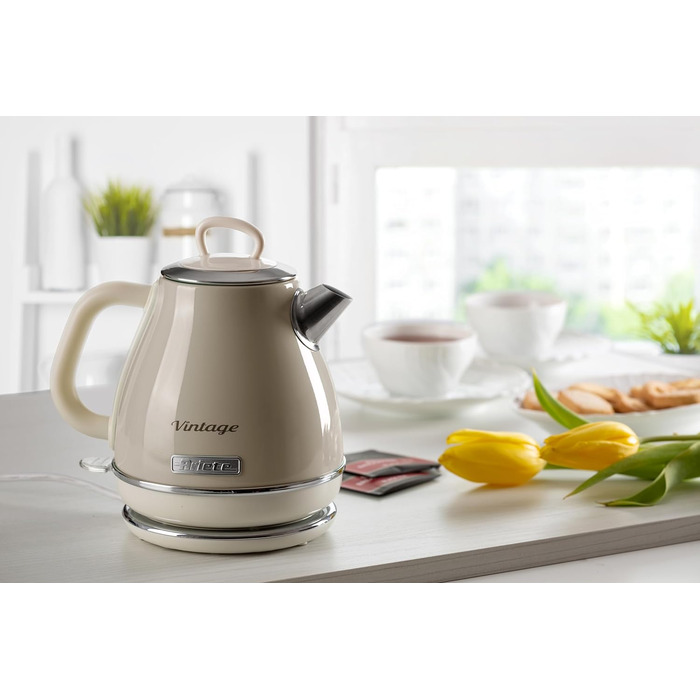 Електрочайник Ariete Vintage 2868, ретро стиль, 1 л, 1600 Вт, бежевий, з автоматичним вимкненням, нержавіюча сталь, бездротовий 360°-поворотний піддон