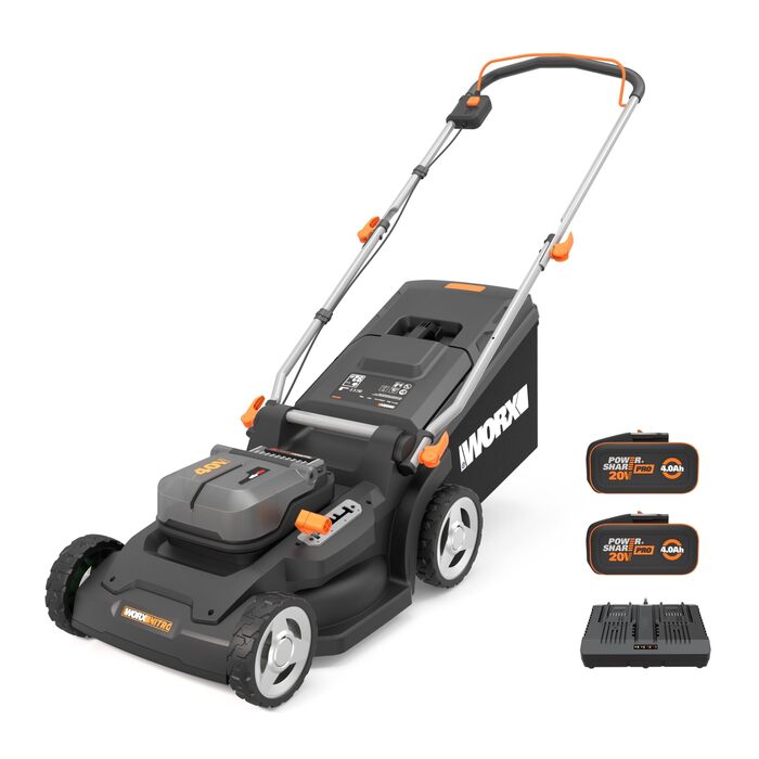 Акумуляторний газонокосарка WORX WG749E 40V PowerShare з приводі в колесах, безщітковий двигун, ширина зрізу 46 см, 7 положень висоти зрізу, в комплекті акумулятор та зарядний пристрій