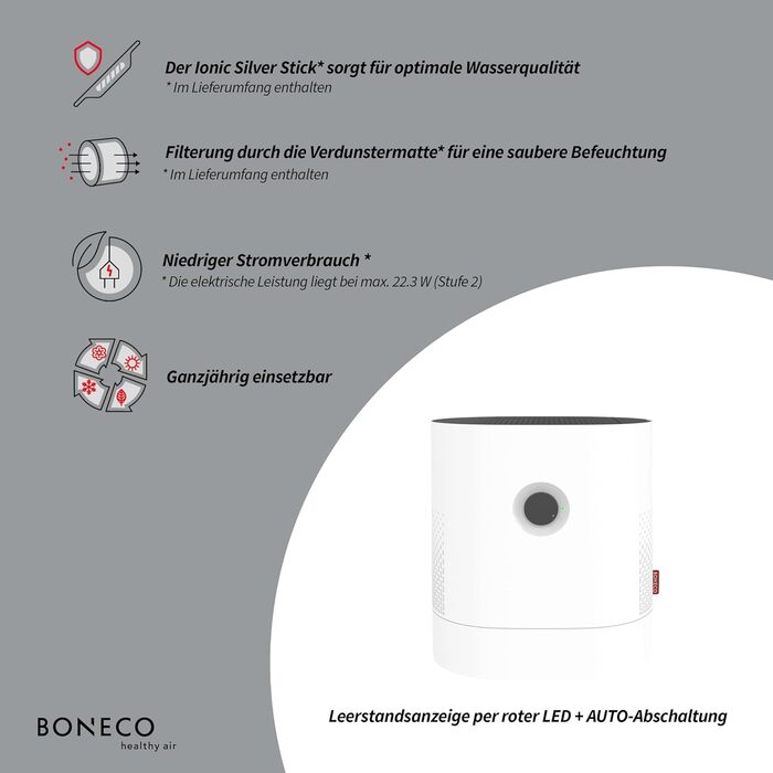 Зволожувач повітря BONECO W220, 6 л, для кімнат до 50 м², дуже тихий <35 дБ, 2 режими, авто-вимкнення, верхнє наповнення, білий