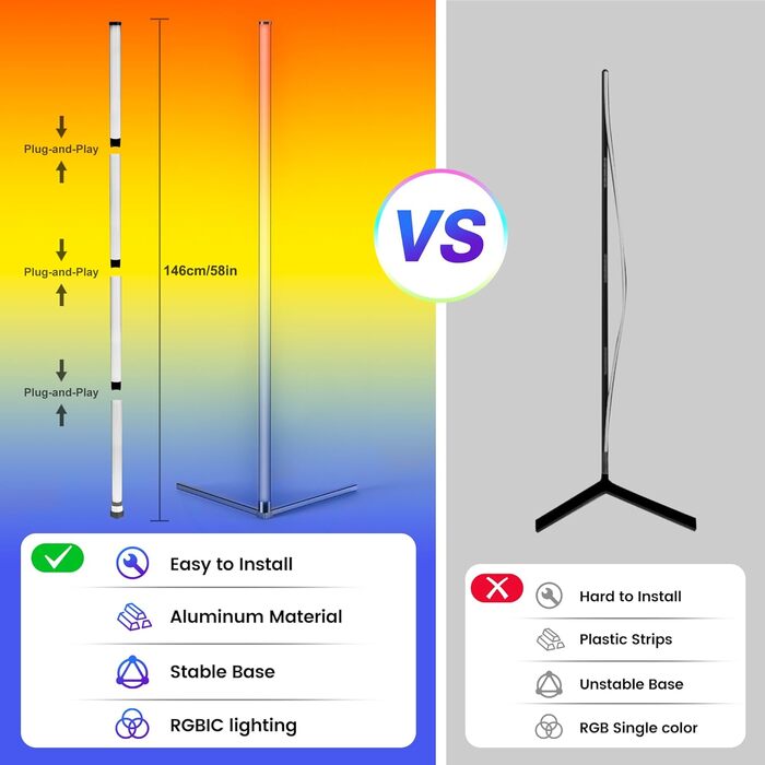 LED Торшер у вітальню RGB з димером, пультом та керуванням через додаток. Кутова LED лампа з 16 млн кольорів, 68+ режимів, музичний режим для спальні та геймінгу