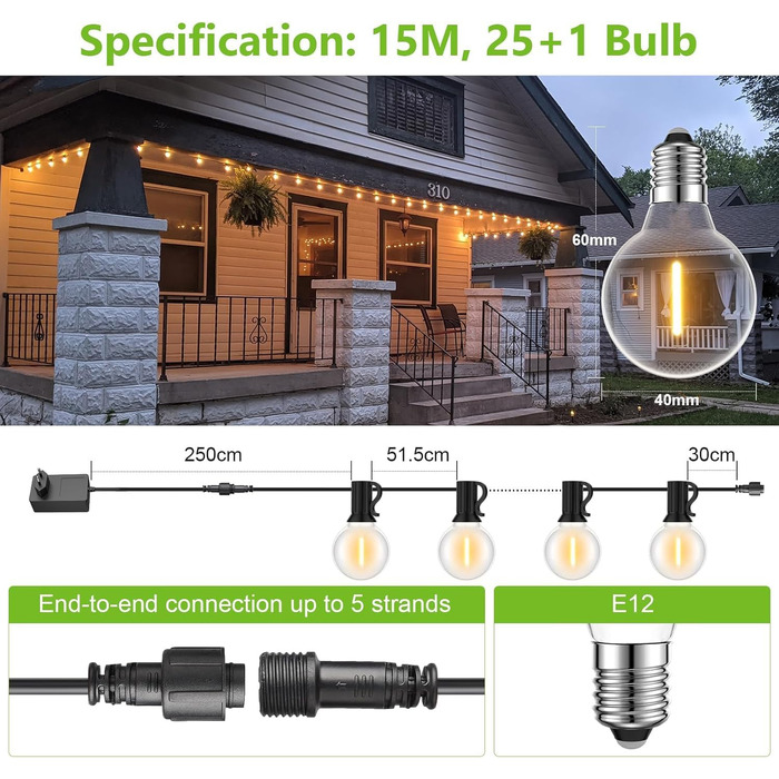 Гірлянда світлодіодна вулична 45.7м 150 LED, 24V для декору, саду, весілля, тераси, кімнати