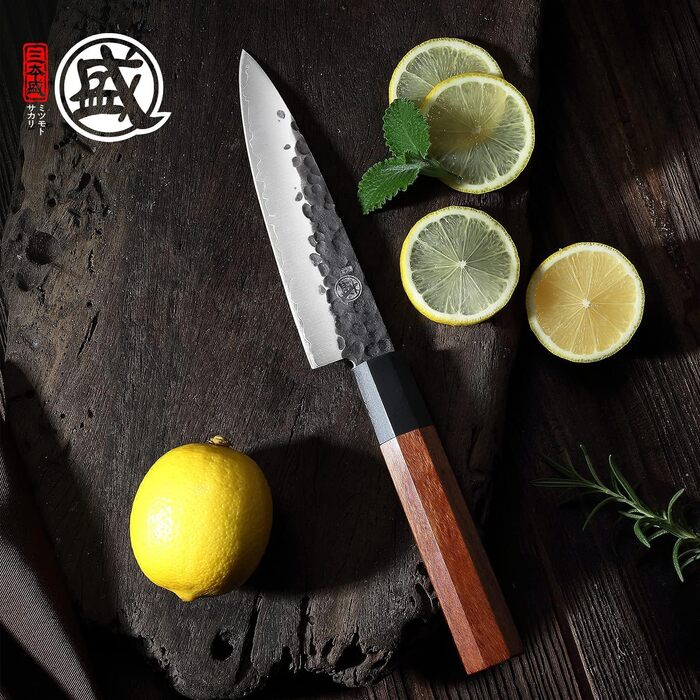 Японський ніж Mitsumoto Sakari для кухні, 14 см, з високоякісної сталі, ручка з рожевого дерева, подарункова коробка