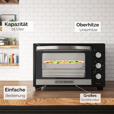Міні-піч Steinborg® 25 л з конвекцією, піч для піци, з деко та решіткою-грилем, таймер на 60 хв, 1600 Вт