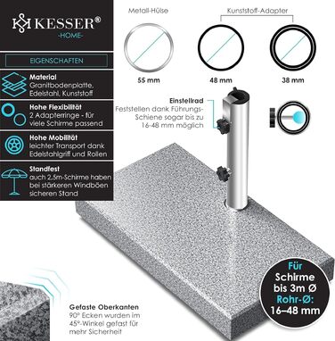 Підставка для парасольки KESSER Granit 30 кг з нержавіючої сталі (сіра, прямокутна) для стовпів 16-48 мм, з ручкою для транспортування - для саду та балкону