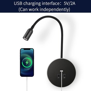 Світильник для читання Awekliy 3W+8W LED з гнучкою ніжкою, настінний, з USB-зарядкою, перемикачем, для спальні, ліжка, нічник, чорний, 3000K