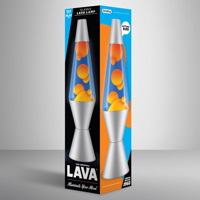 Лавова лампа LAVA® 2125 (14.5 дюймів) — жовтий віск, фіолетова рідина, срібляста основа та кришка, оригінальна декоративна лампа руху