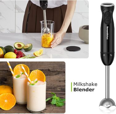 Блендер Bonsenkitchen 3-в-1, 1000 Вт, електричний ручний міксер з насадкою-вінчиком і мірним стаканом, регулювання швидкості, для смузі, пюре, соусів, HB3202, чорний