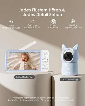 Відеоняня з камерою 2.5K та 5.5" HD екраном, нічний режим, Wi-Fi, додаток, музика, нічник, датчик руху (Синій, 2 камери)