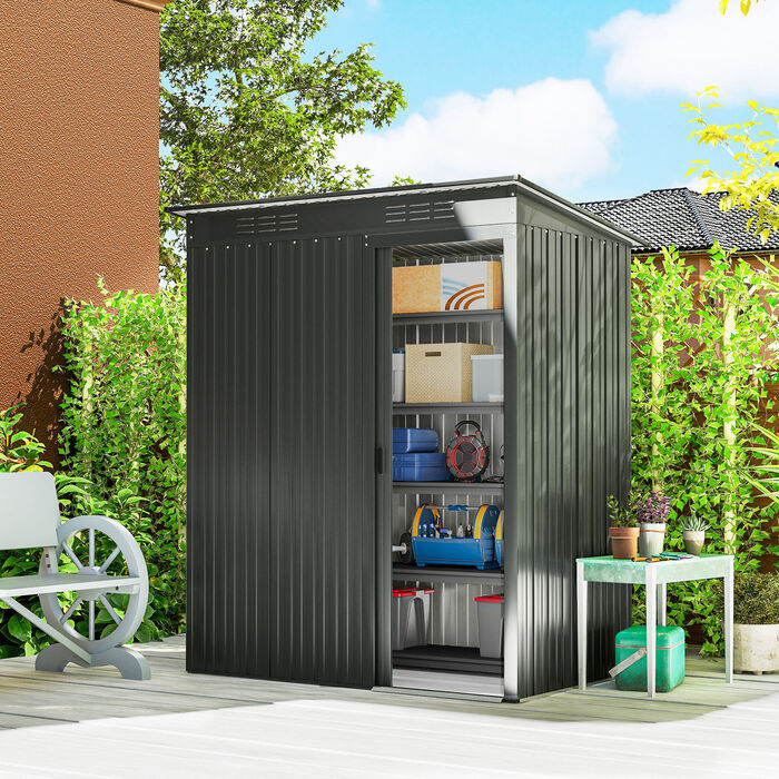 Металевий сарай Metall Gerätehaus 1,37 м², навіс для інструментів з легким встановленням, похила дах, розсувні двері, вентиляційні отвори, рукавички.