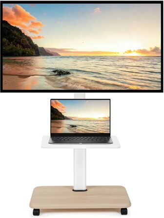 Мобільний ТВ-стіл Hellsehen для LED/LCD/OLED телевізорів 32-70 дюймів (до 45.4 кг), білий, з регулюванням висоти та блокованими колесами