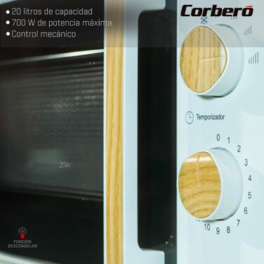 Мікрохвильова піч Corberó CMICG270WOODW, 20 л, 700 Вт, механічне керування, 5 рівнів потужності, чорна