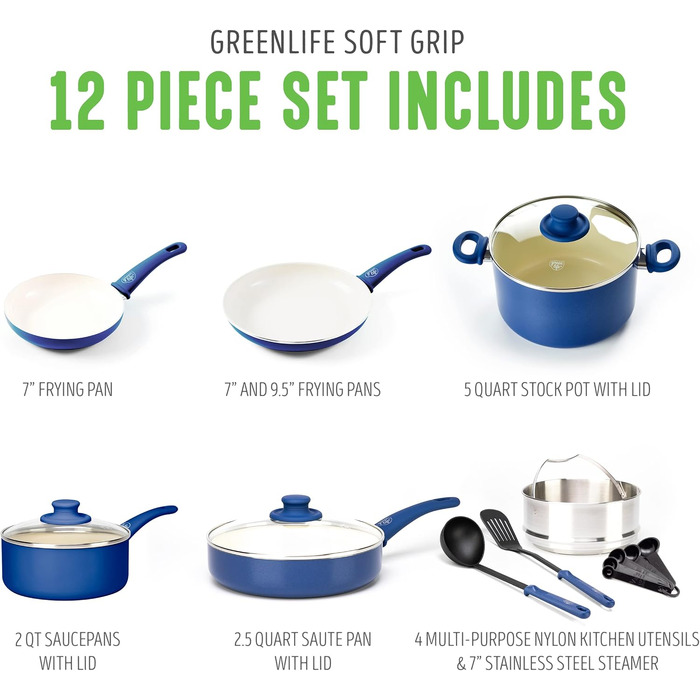 Набір посуду GreenLife Soft Grip Healthy Ceramic 12 предметів, антипригарне покриття, блакитний, без PFAS, для посудомийної машини