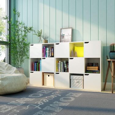 Meerveil книжкова шафа-бібліотека, 9 секцій з 5 дверцятами, біла, сучасний стиль, для офісу, вітальні, кабінету, коридору