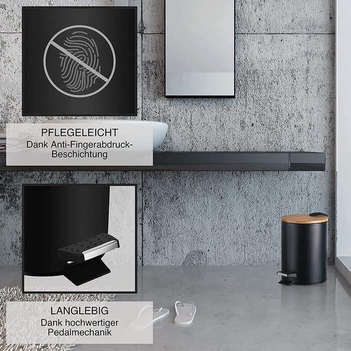 Косметичний відро для сміття VMbathrooms 3 л, чорний матовий, з бамбуковою кришкою, педальний, з м'яким закриванням, для ванної кімнати