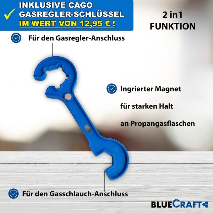Bluecraft Premium Газовий балон пропановий 10 кг, балон з композитного матеріалу, легкий, з індикатором рівня газу, з газовим регулятором та ключем