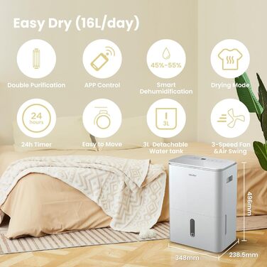 Осушувач повітря COMFEE Easy Dry 16 л/день з іонізатором, 4 режими, резервуар 3 л, для кімнат до 32 м², функція сушки білизни, підключення зволожувача, swing-функція