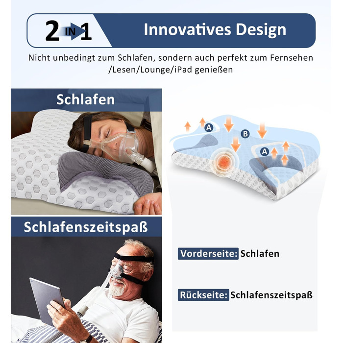 Подушка Hydomi CPAP з ефектом пам'яті для бокового сну, зменшує тиск і витоки повітря маски, ортопедична для апное сну, підтримка шиї для спини, бокового та шлункового сну, розмір King (64x38x10,5 см)