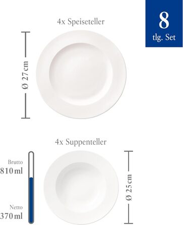 Набір посуду Villeroy & Boch For Me 8 предметів, білий, з преміум порцеляни, для сервірування, з обідніми та суповими тарілками, підходить для посудомийної машини та мікрохвильової печі