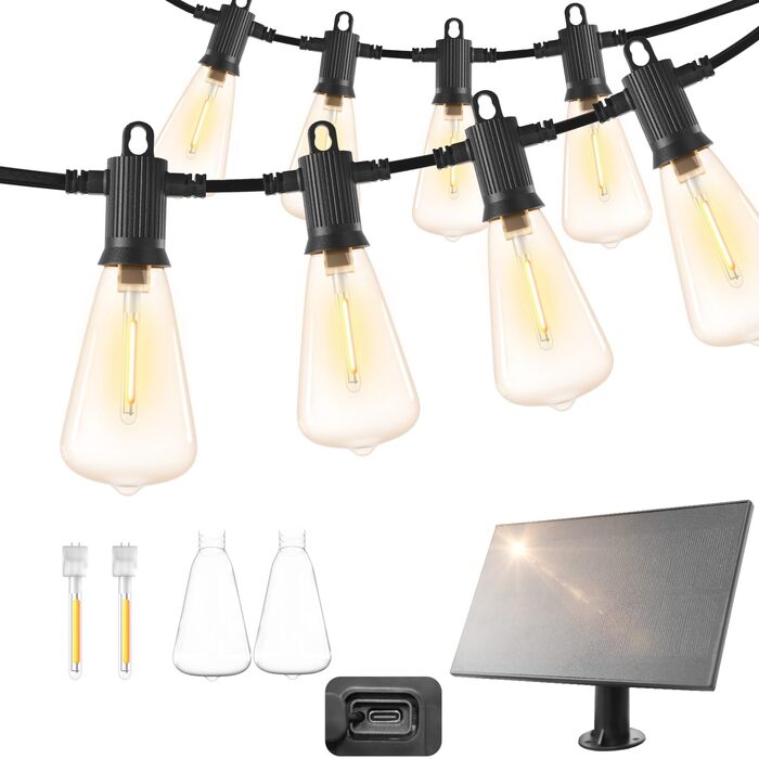 LED гірлянда ZOTOYI для вулиці, 22 лампи ST38, тепле біле світло, солярна, 15м, IP65, для саду, тераси, весілля, вечірок