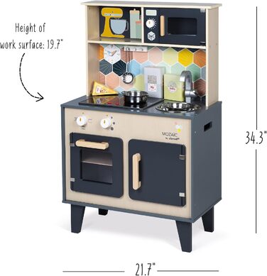 Дитяча ігрова кухня Janod Mozaïc Big Cooker з підсвіткою та звуком, дерев'яна кухня з аксесуарами та продуктами, для дітей від 3 років, 53x30x87 см, J06609