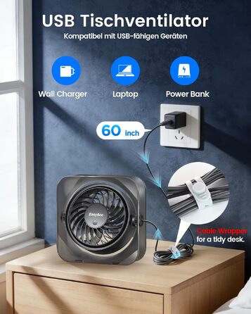 Вентилятор USB EasyAcc міні, настільний з обертанням 360°, 3 швидкості, чорний