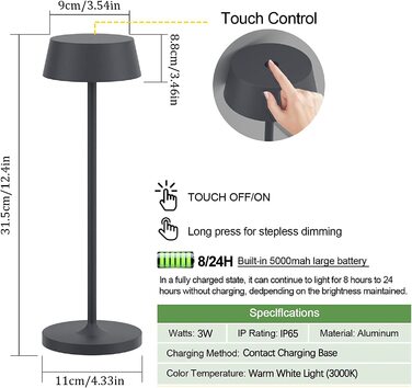 Klighten Диммовані LED акумуляторні настільні лампи, 2 шт, алюмінієві, сенсорне керування, IP54, для спальні та ресторану, тепле світло 3000K, антрацит, USB зарядка