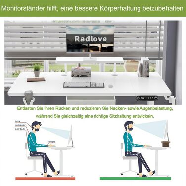 Електричний стіл Radlove з регулюванням висоти, моніторна полиця, LED-дисплей, 140x76 см, білий. Стол для дому та офісу