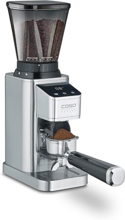 Електрична кавомолка CASO BaristaChef Inox з нержавіючої сталі, конічне жорно, 48 ступенів помолу, тримач для портафільтра, 450 об/хв, індивідуальне дозування
