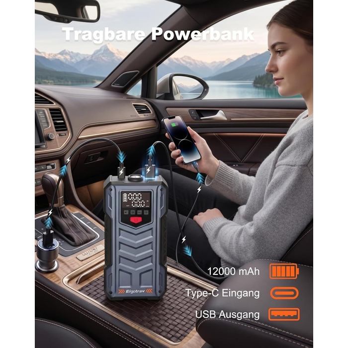 Пусковий пристрій (бустер) Starthilfe 8000A з компресором 150 PSI, 9-в-1: Jump Starter 12V для бензинових та дизельних авто (до 14л), електричний насос та Powerbank з швидкою зарядкою 30W