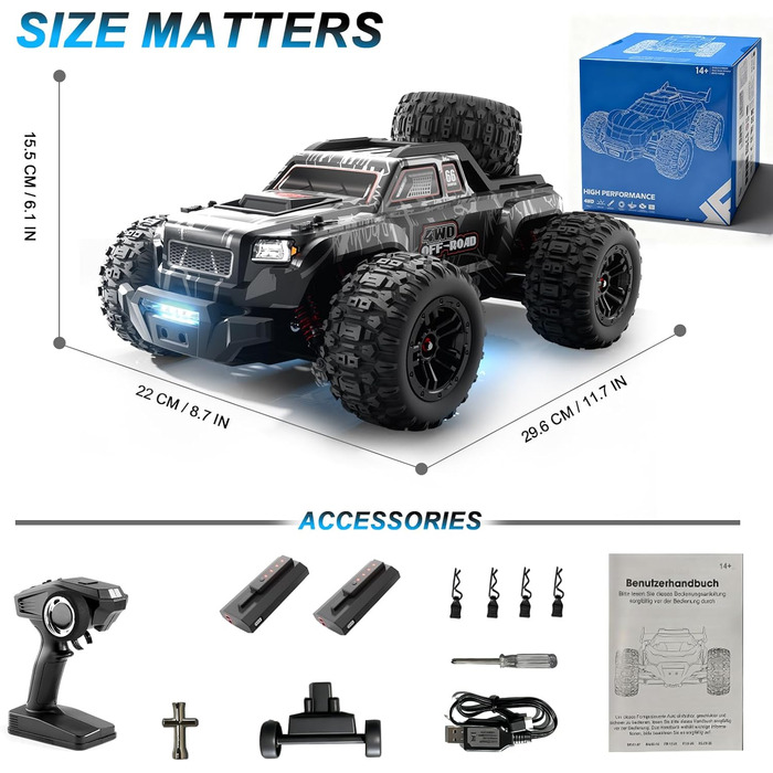 Радіокерований позашляховик Monster Truck 1:16 4WD 40 км/год, водонепроникний, з двома акумуляторами, чорний